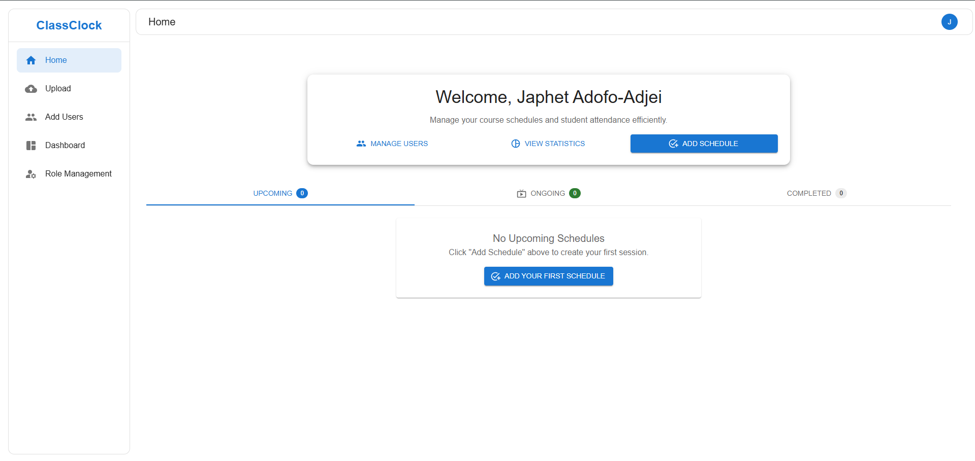 ClassClock attendance web-app home page