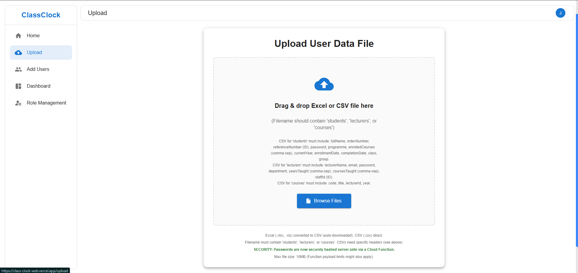 ClassClock attendance web-app data upload page