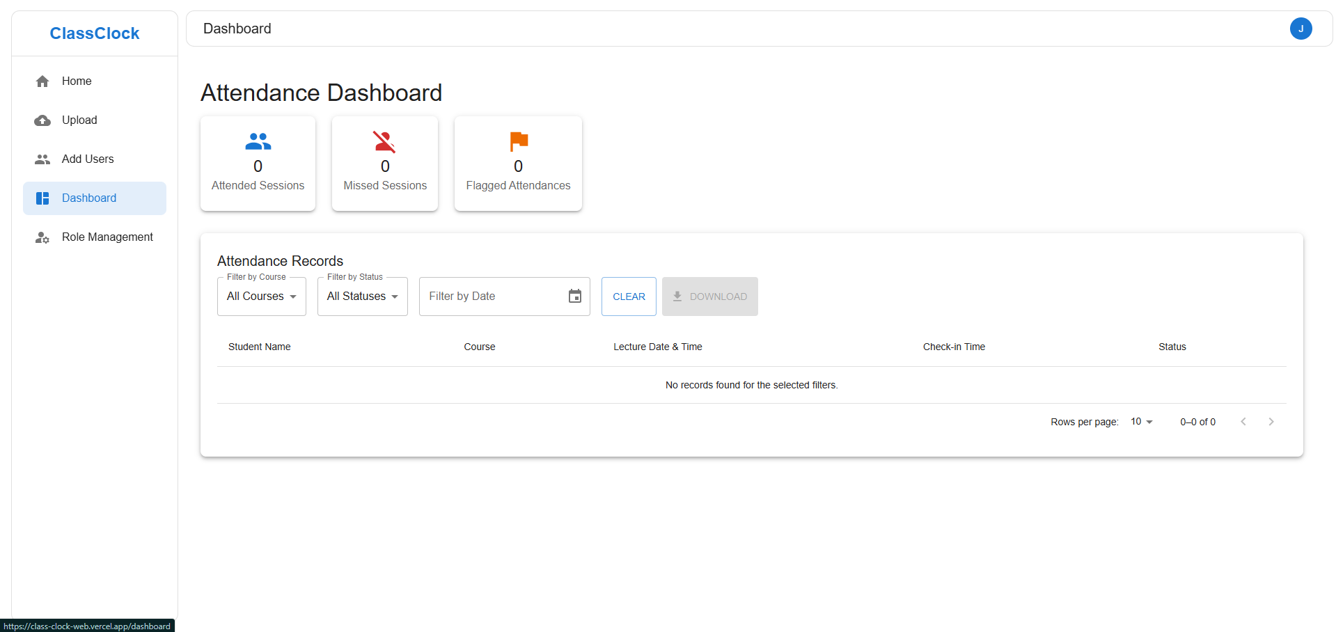 ClassClock attendance web-app dashboard page