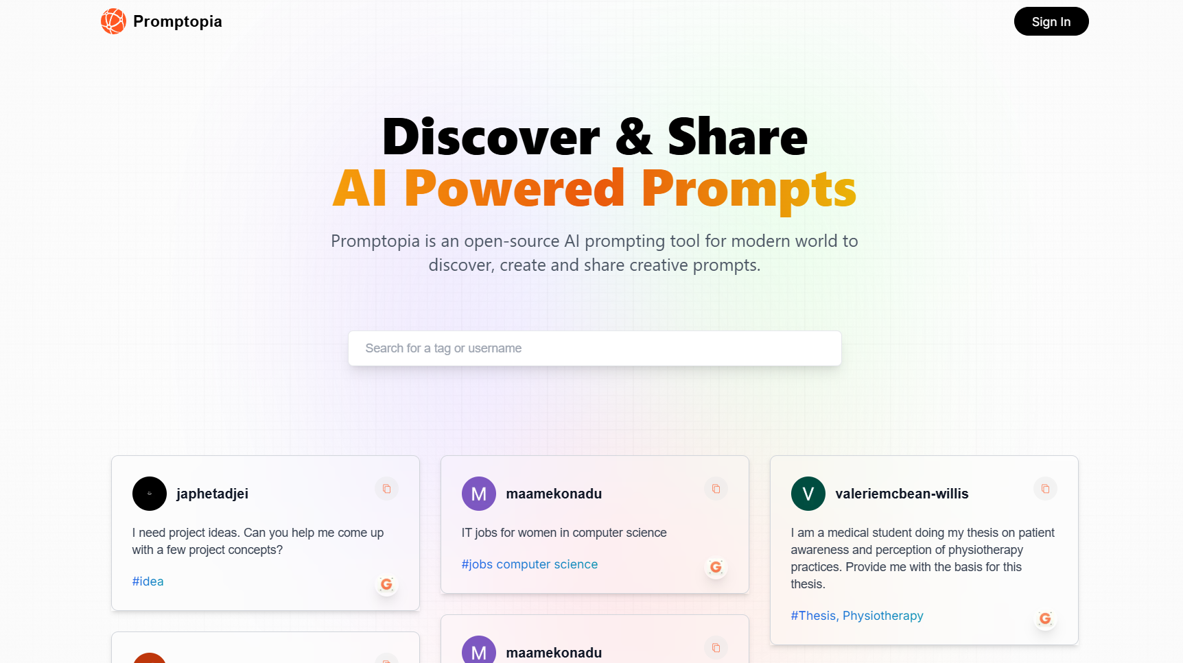 Promptopia AI prompts for developers website screenshot